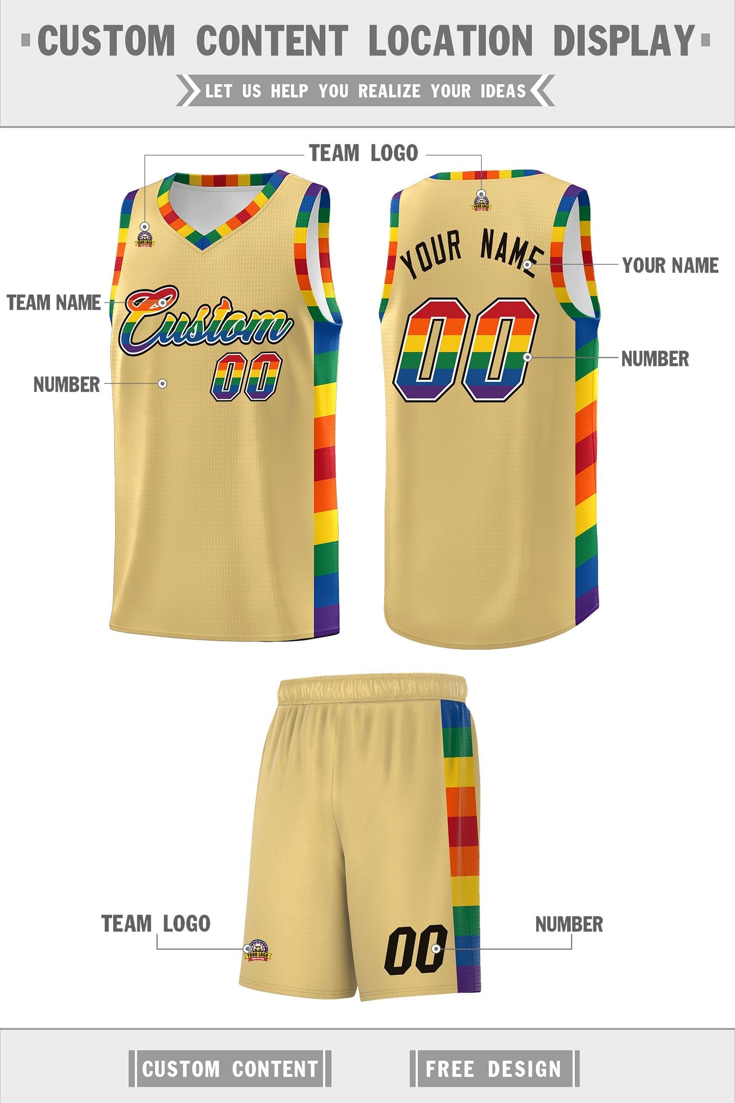 Custom Khaki LGBT Rainbow For Pride Month Sports Uniform Basketball Jersey