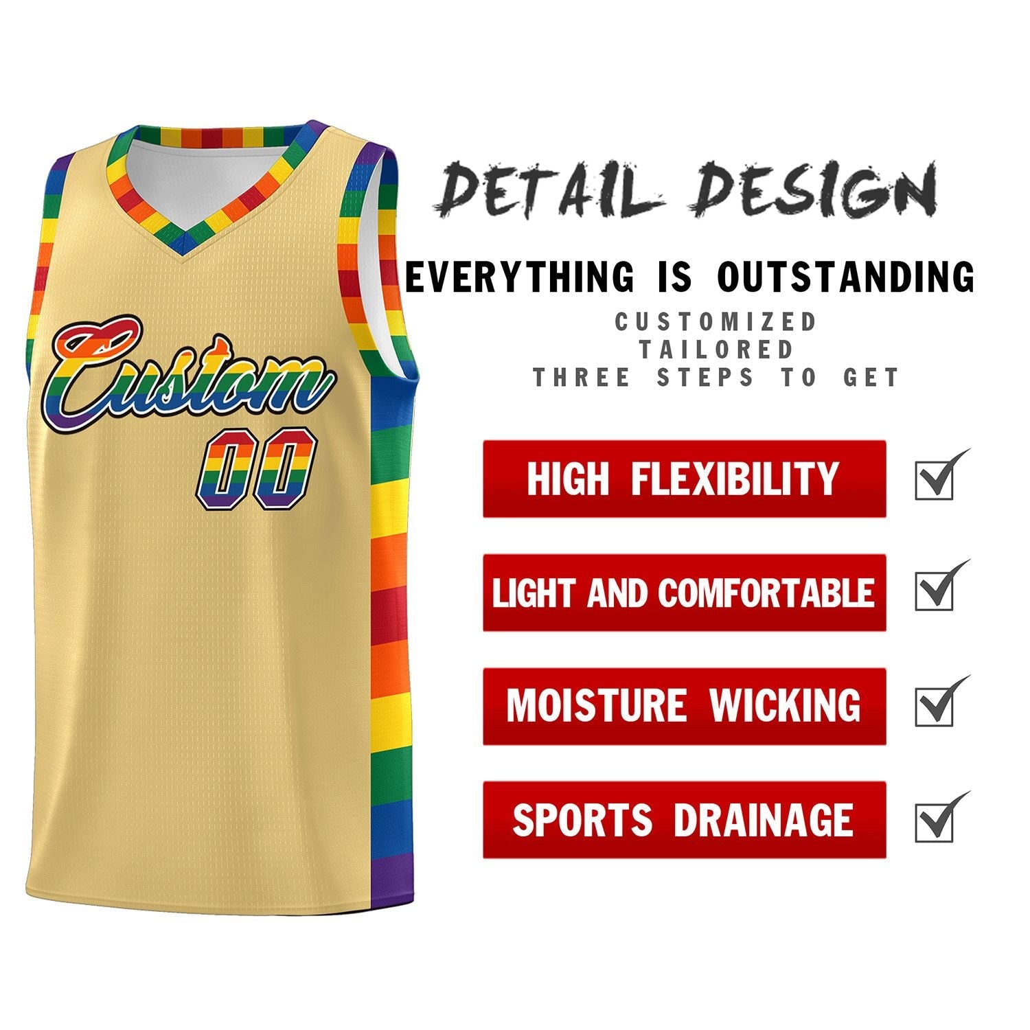 Custom Khaki LGBT Rainbow For Pride Month Sports Uniform Basketball Jersey