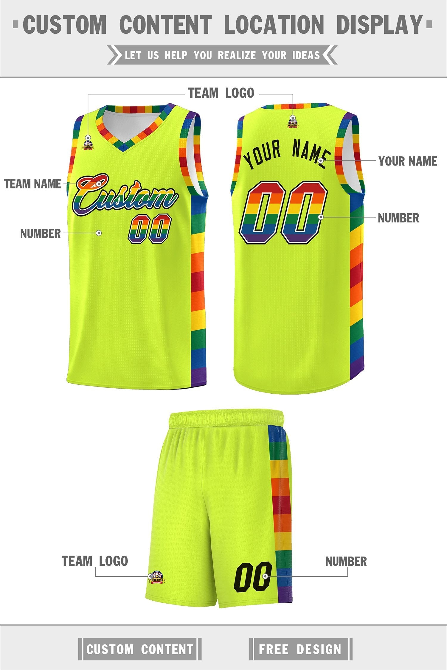 Custom Fluorescent Green LGBT Rainbow For Pride Month Sports Uniform Basketball Jersey