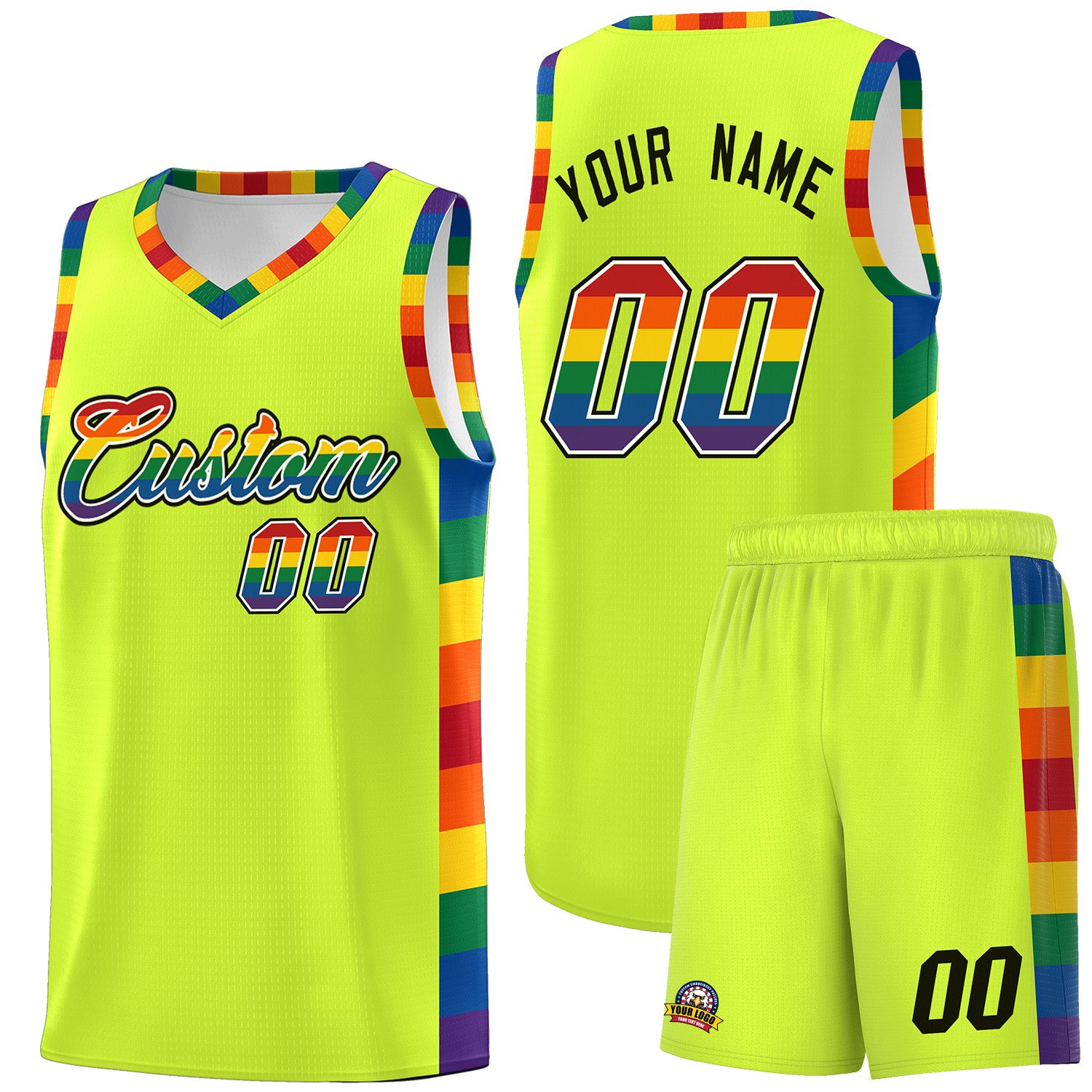 Custom Fluorescent Green LGBT Rainbow For Pride Month Sports Uniform Basketball Jersey