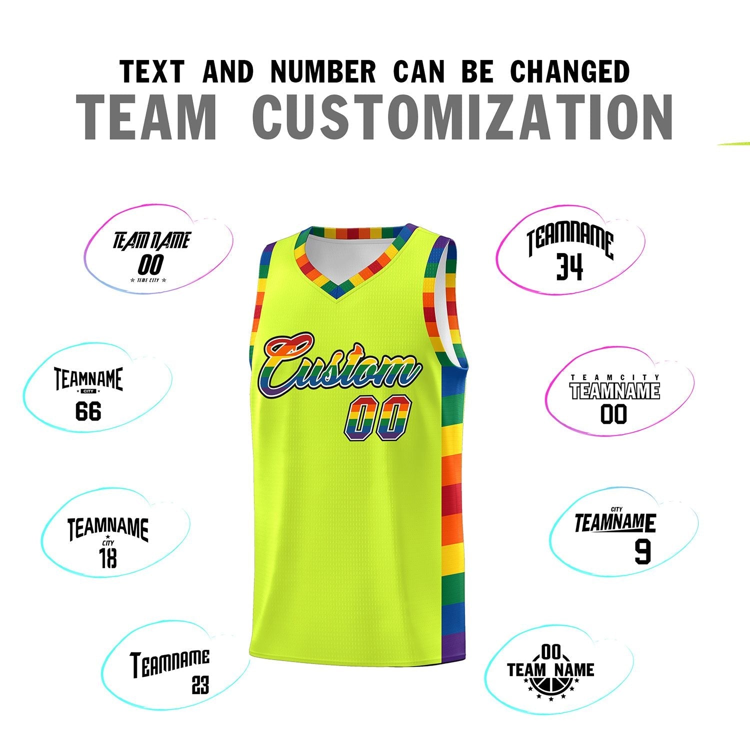 Custom Fluorescent Green LGBT Rainbow For Pride Month Sports Uniform Basketball Jersey