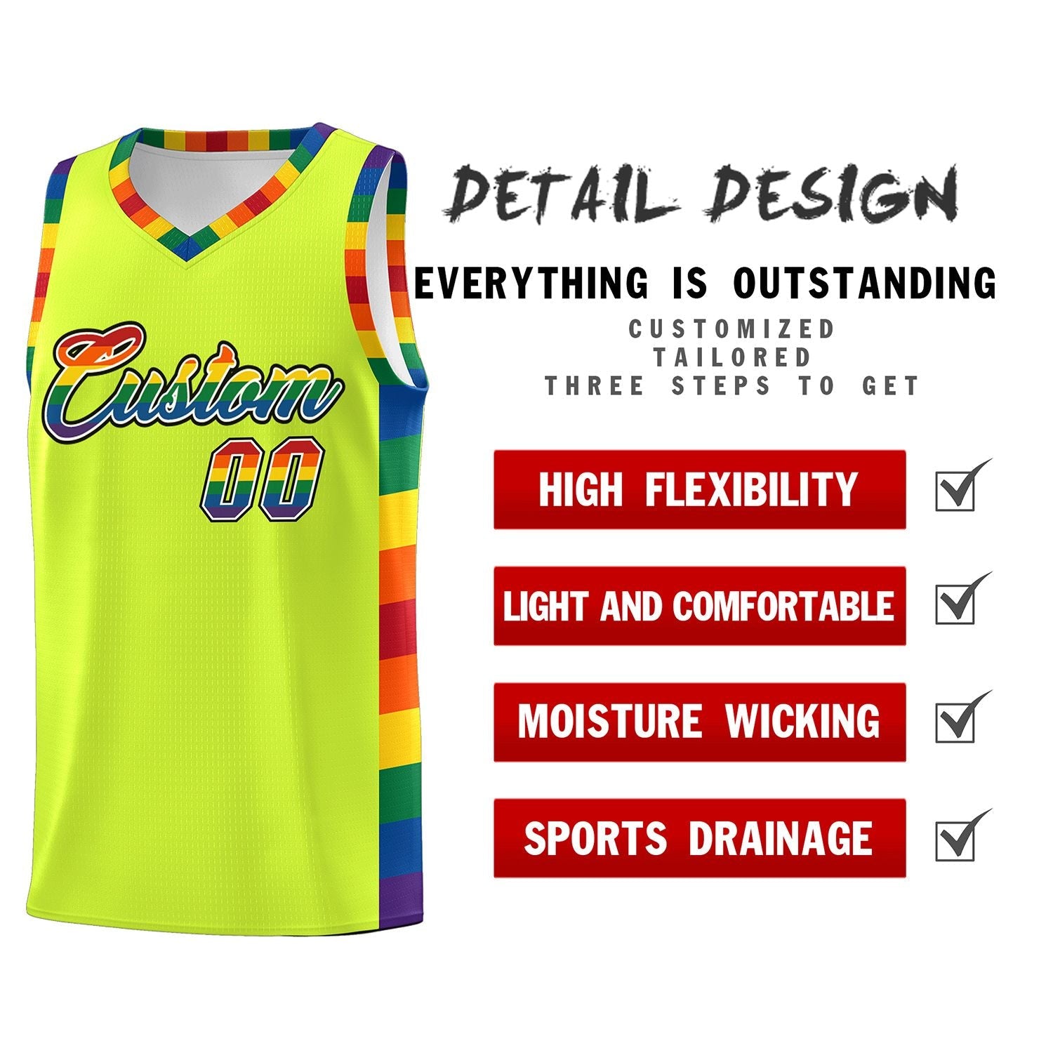 Custom Fluorescent Green LGBT Rainbow For Pride Month Sports Uniform Basketball Jersey