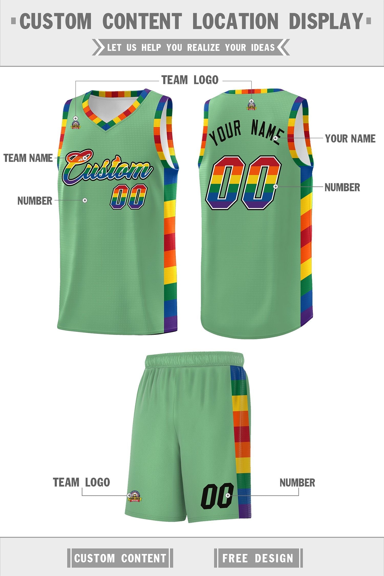 Custom Green LGBT Rainbow For Pride Month Sports Uniform Basketball Jersey