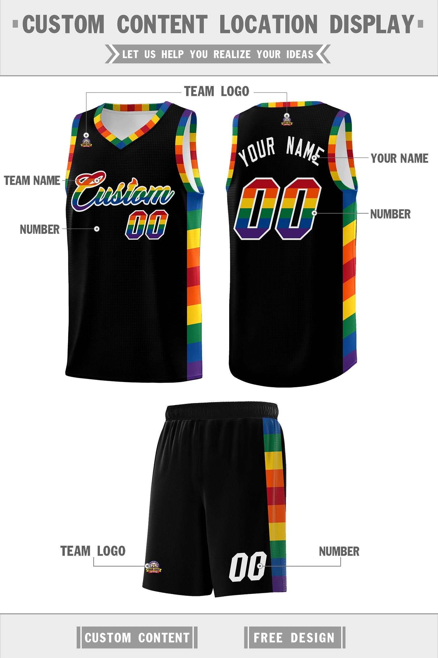 Custom Black LGBT Rainbow For Pride Month Sports Uniform Basketball Jersey