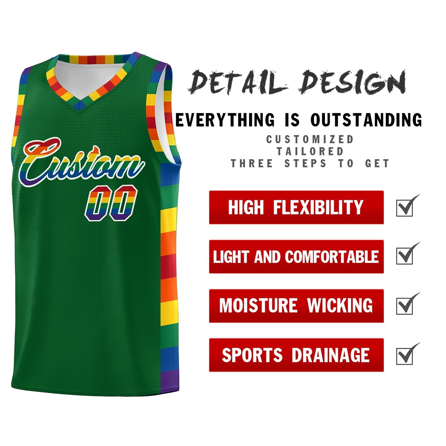 Custom Kelly Green LGBT Rainbow For Pride Month Sports Uniform Basketball Jersey