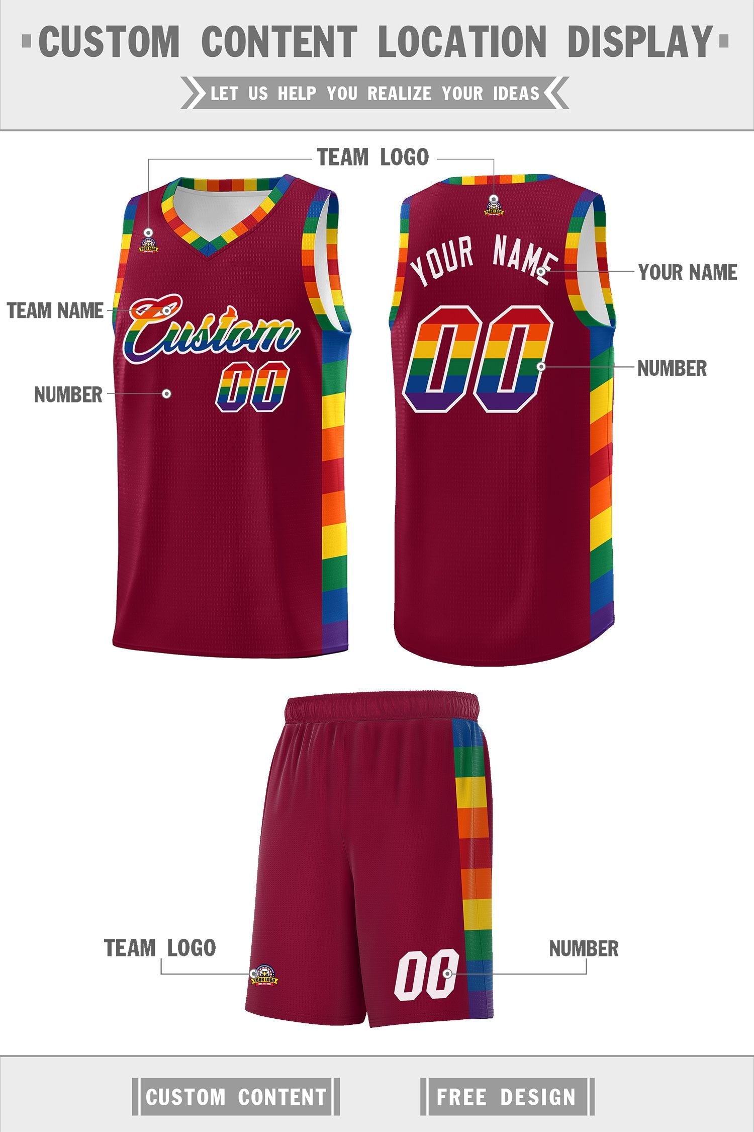 Custom Crimson LGBT Rainbow For Pride Month Sports Uniform Basketball Jersey