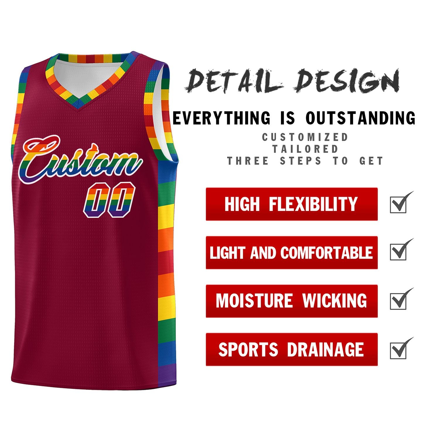 Custom Crimson LGBT Rainbow For Pride Month Sports Uniform Basketball Jersey