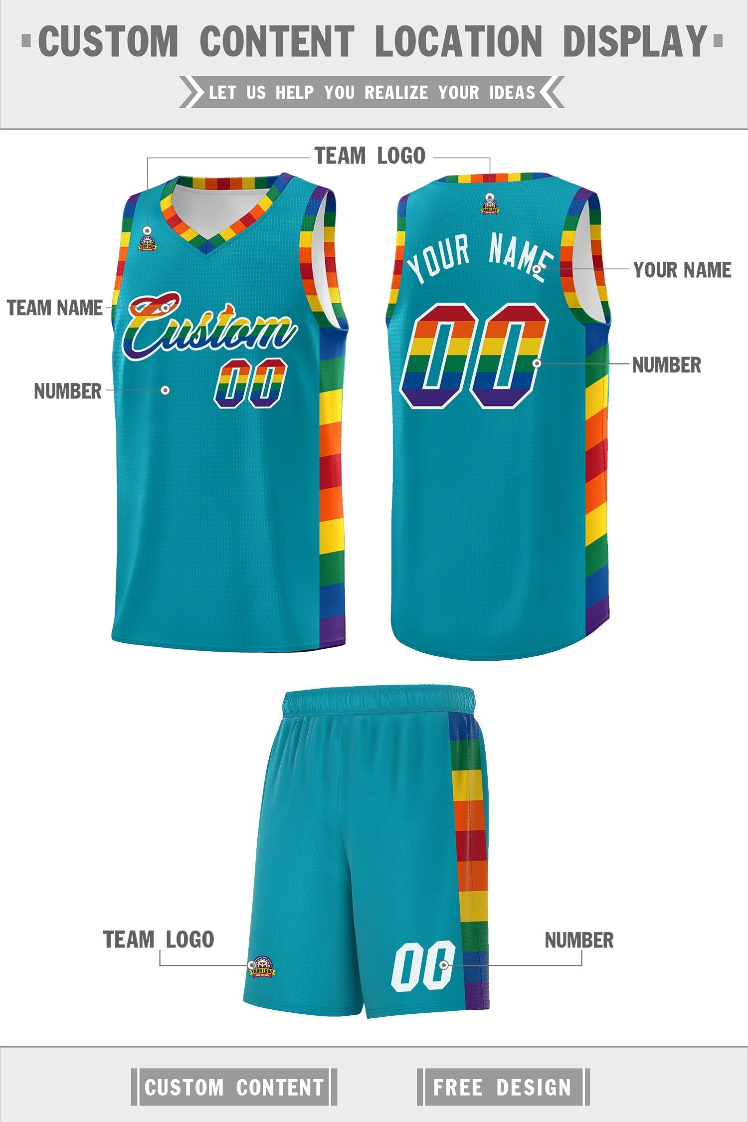 Custom Aqua LGBT Rainbow For Pride Month Sports Uniform Basketball Jersey