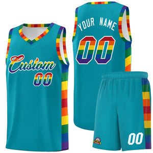 Custom Aqua LGBT Rainbow For Pride Month Sports Uniform Basketball Jersey