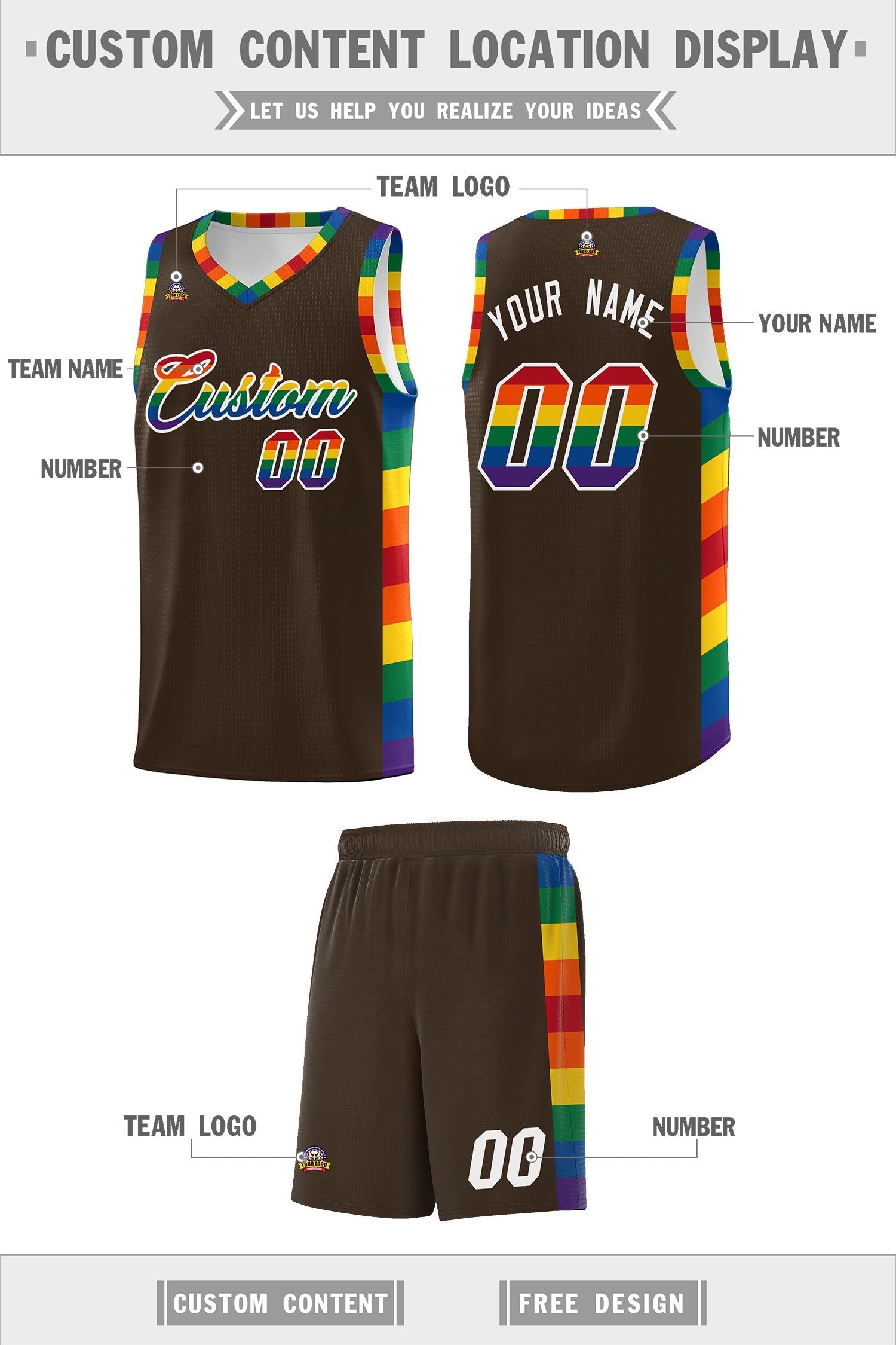 Custom Brown LGBT Rainbow For Pride Month Sports Uniform Basketball Jersey