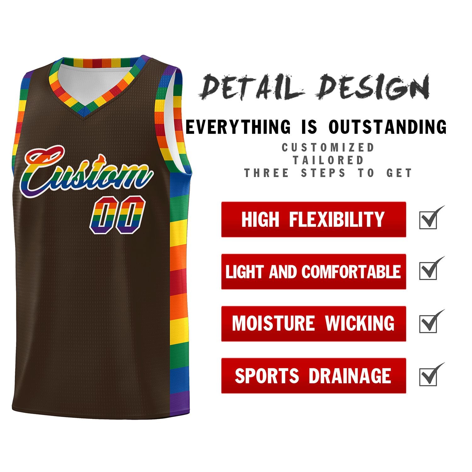 Custom Brown LGBT Rainbow For Pride Month Sports Uniform Basketball Jersey