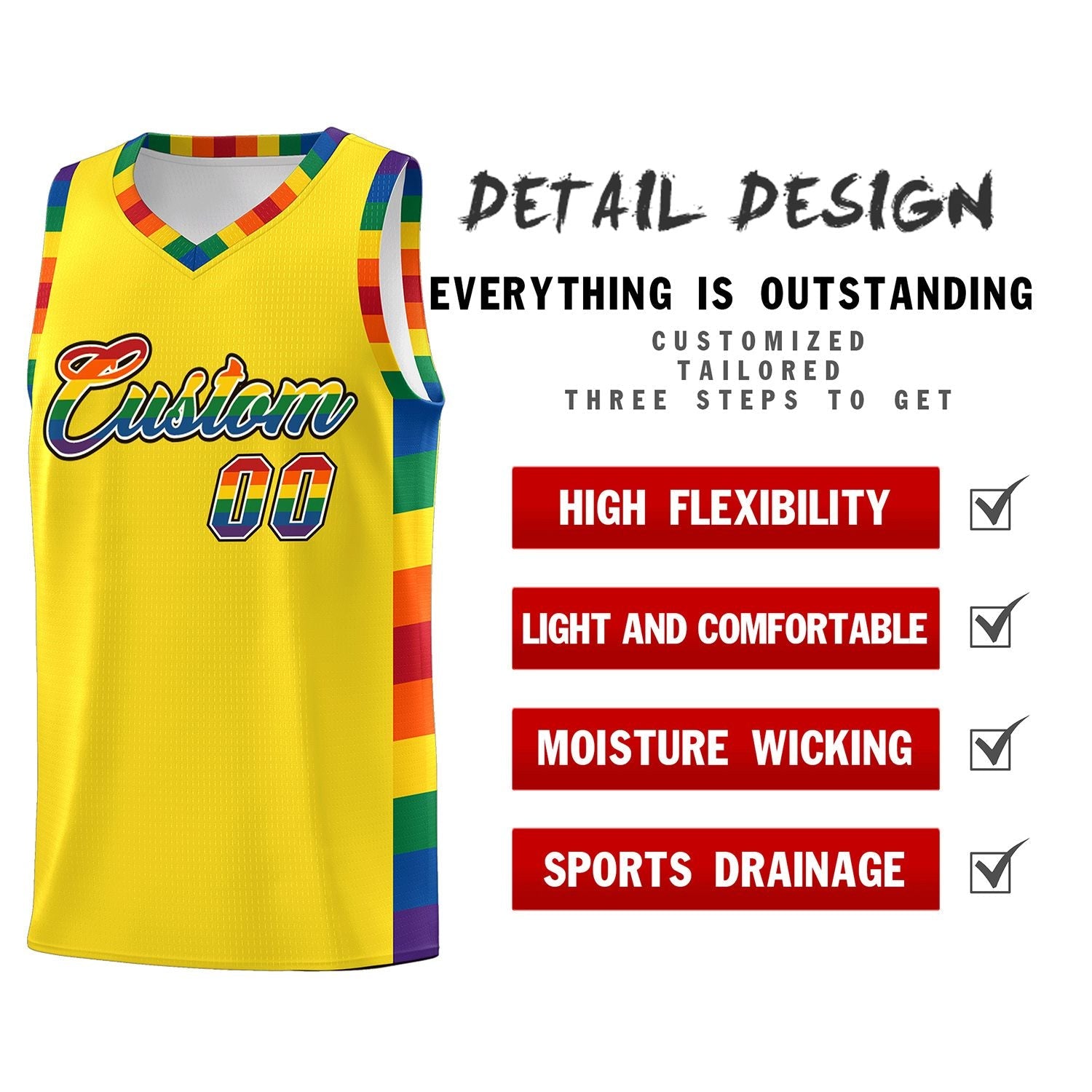 Custom Yellow LGBT Rainbow For Pride Month Sports Uniform Basketball Jersey