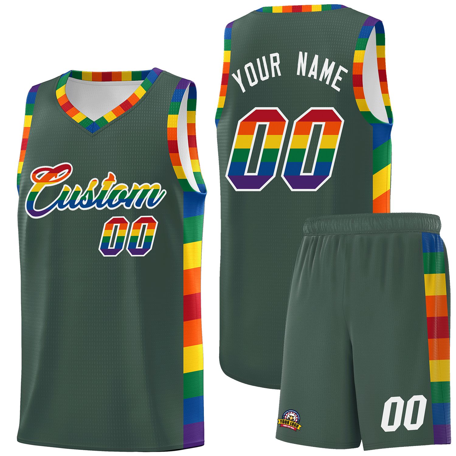 Custom Hunter Green LGBT Rainbow For Pride Month Sports Uniform Basketball Jersey