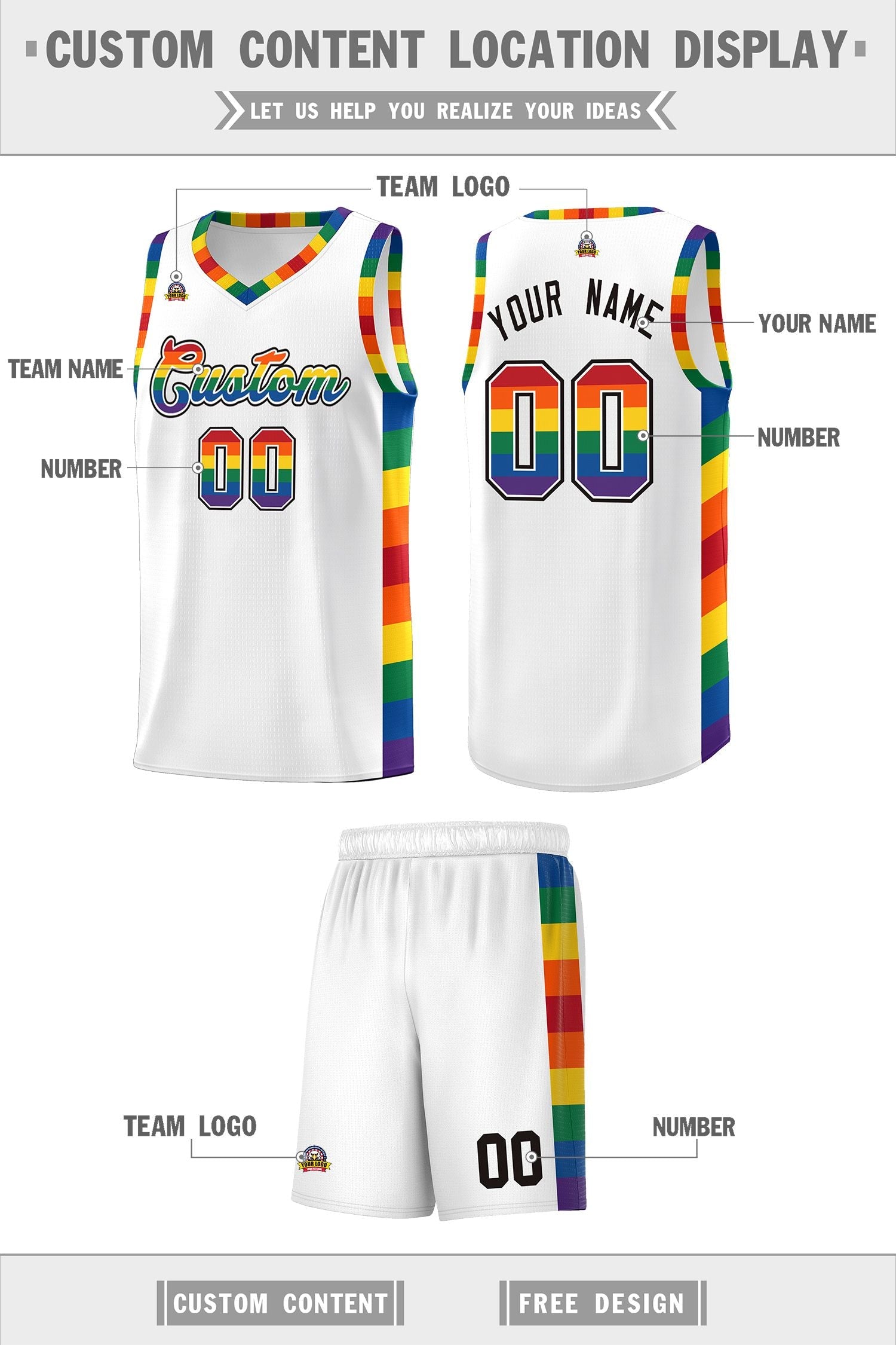 Custom White LGBT Rainbow For Pride Month Sports Uniform Basketball Jersey