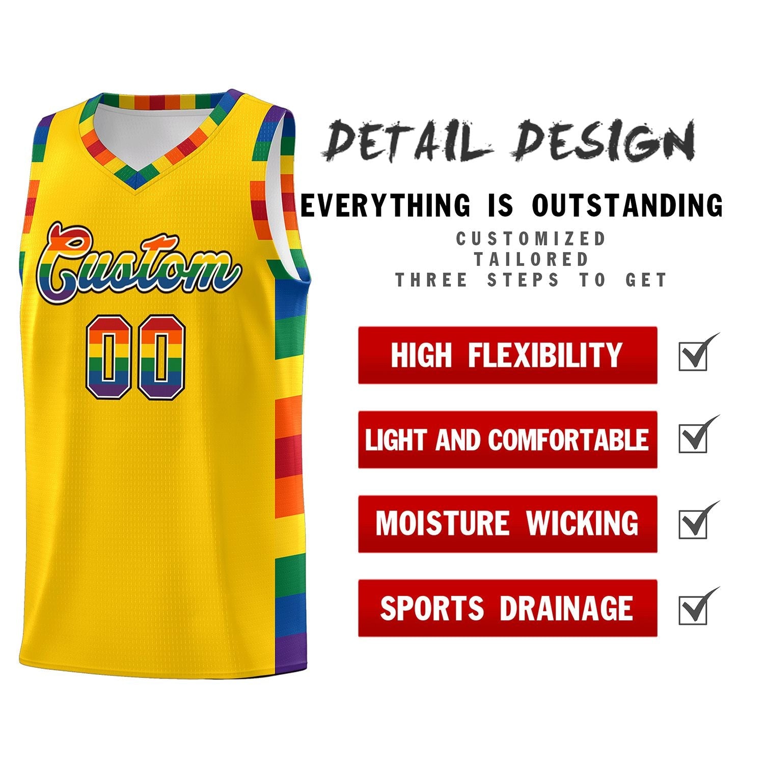 Custom Gold LGBT Rainbow For Pride Month Sports Uniform Basketball Jersey