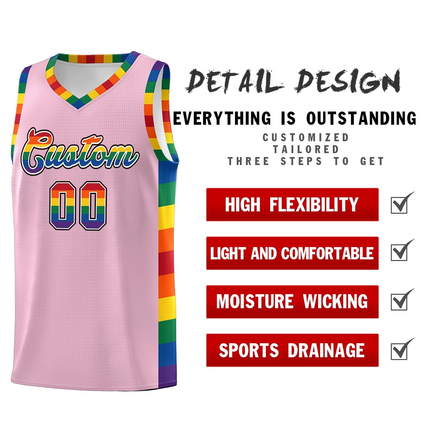 Custom Light Pink LGBT Rainbow For Pride Month Sports Uniform Basketball Jersey