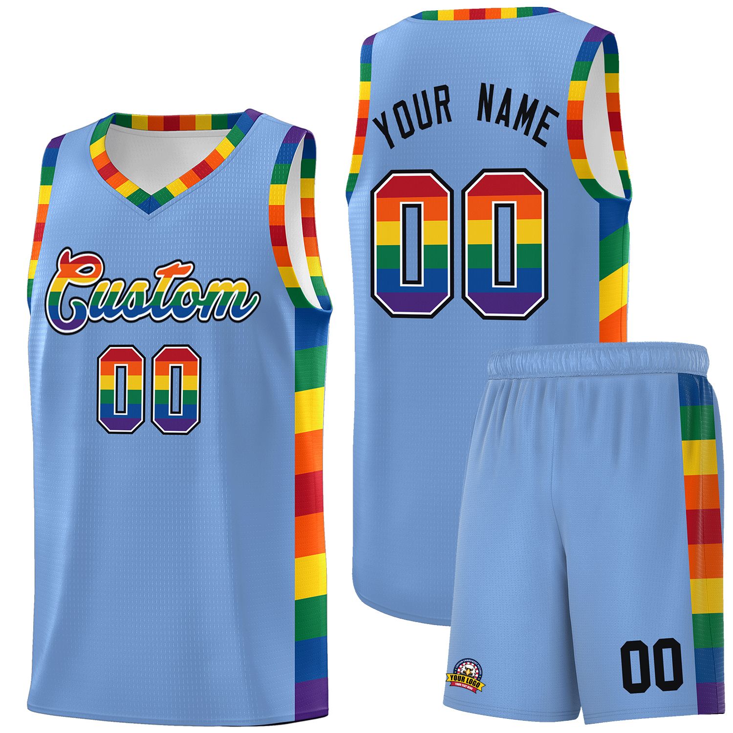 Custom Light Blue LGBT Rainbow For Pride Month Sports Uniform Basketball Jersey