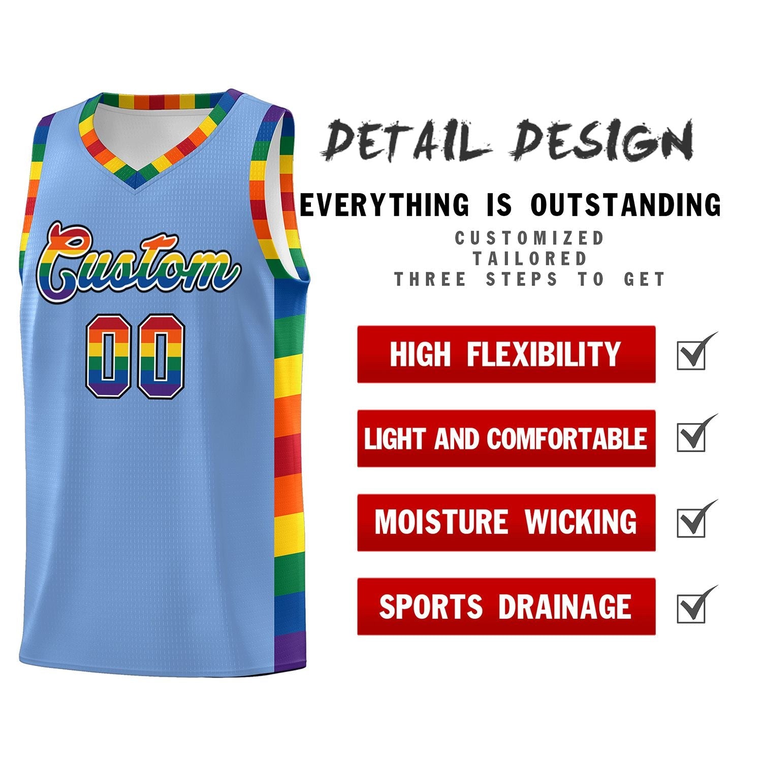 Custom Light Blue LGBT Rainbow For Pride Month Sports Uniform Basketball Jersey