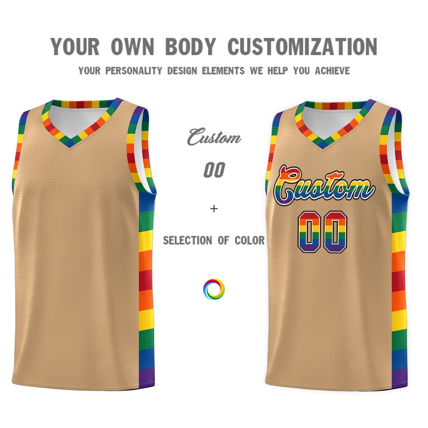 Custom Old Gold LGBT Rainbow For Pride Month Sports Uniform Basketball Jersey