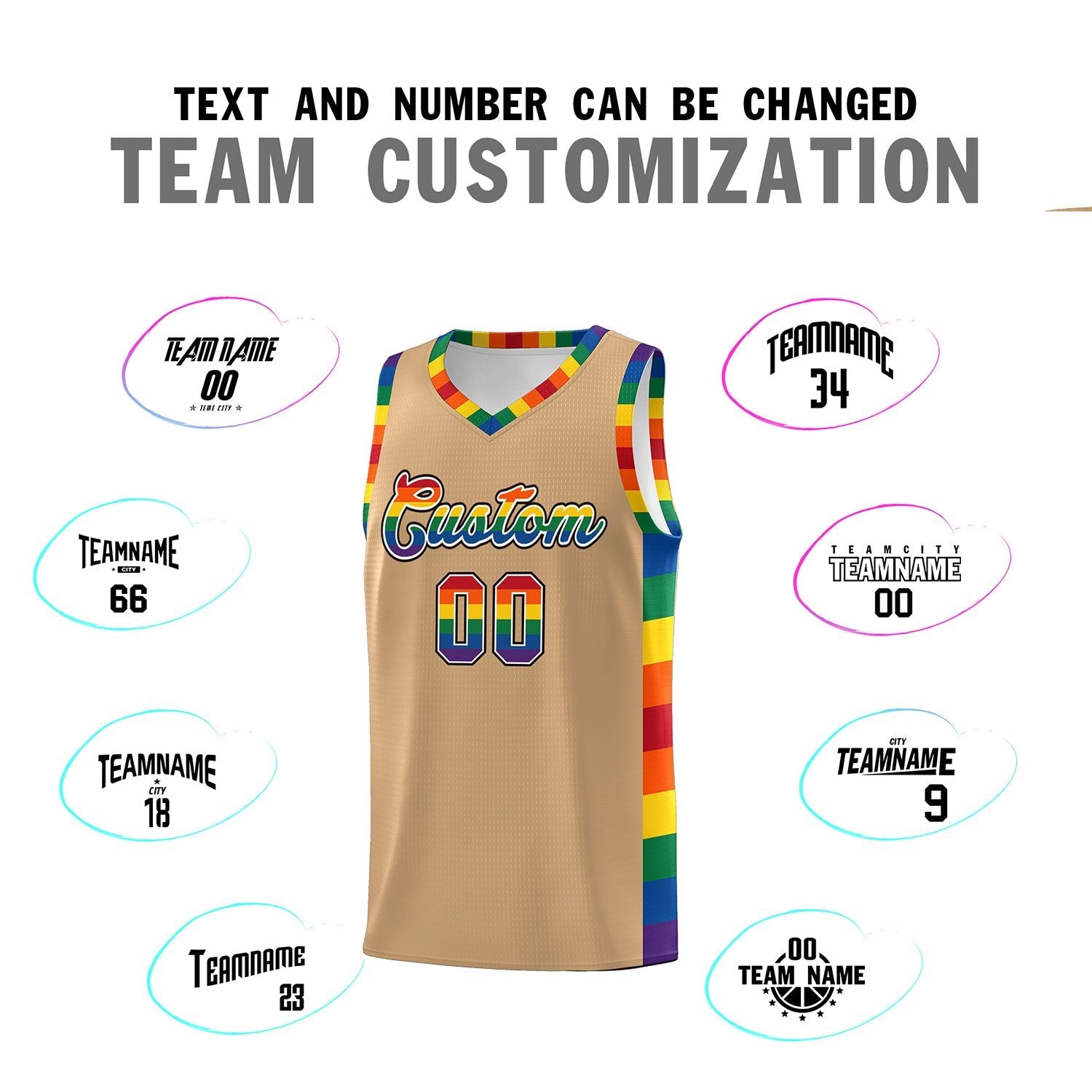 Custom Old Gold LGBT Rainbow For Pride Month Sports Uniform Basketball Jersey