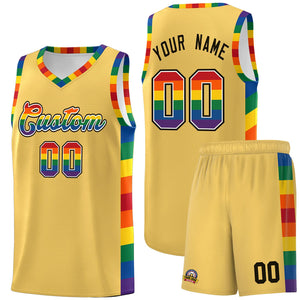 Custom Old Gold LGBT Rainbow For Pride Month Sports Uniform Basketball Jersey