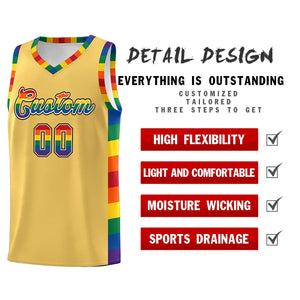 Custom Old Gold LGBT Rainbow For Pride Month Sports Uniform Basketball Jersey