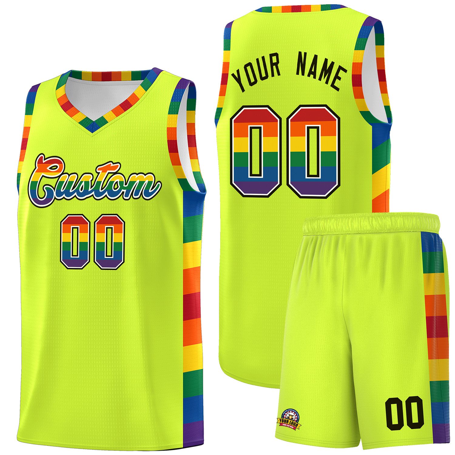 Custom Fluorescent Green LGBT Rainbow For Pride Month Sports Uniform Basketball Jersey