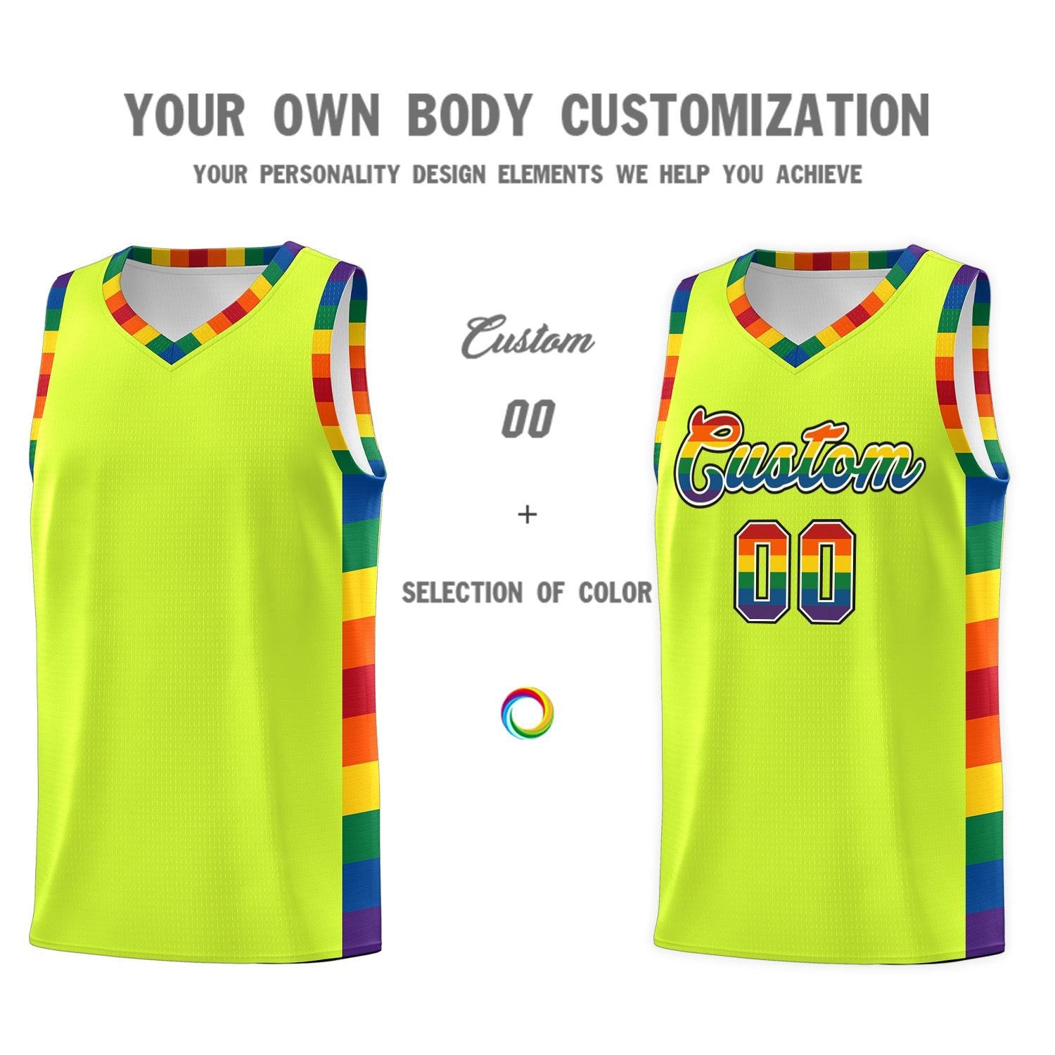 Custom Fluorescent Green LGBT Rainbow For Pride Month Sports Uniform Basketball Jersey