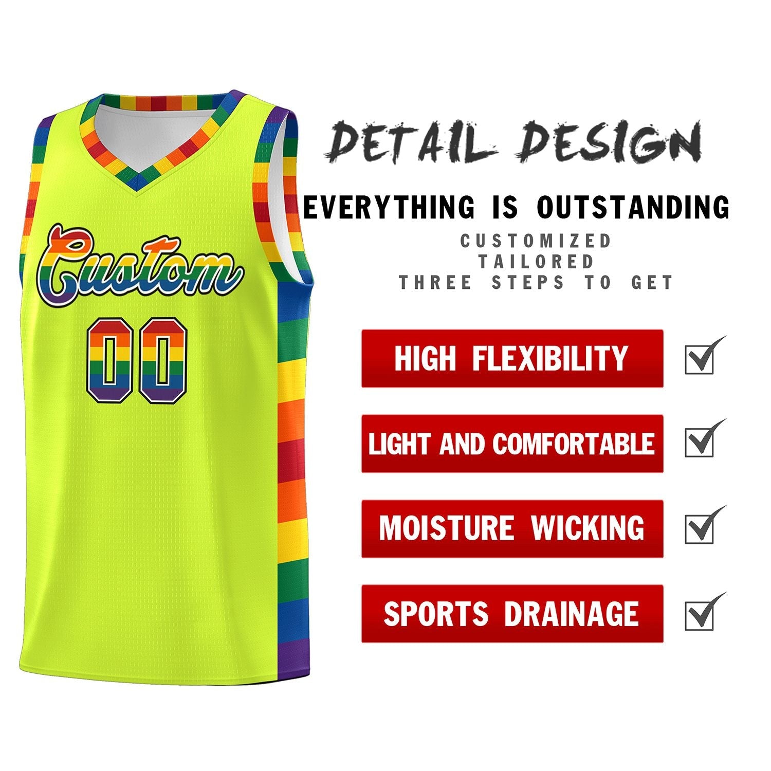 Custom Fluorescent Green LGBT Rainbow For Pride Month Sports Uniform Basketball Jersey