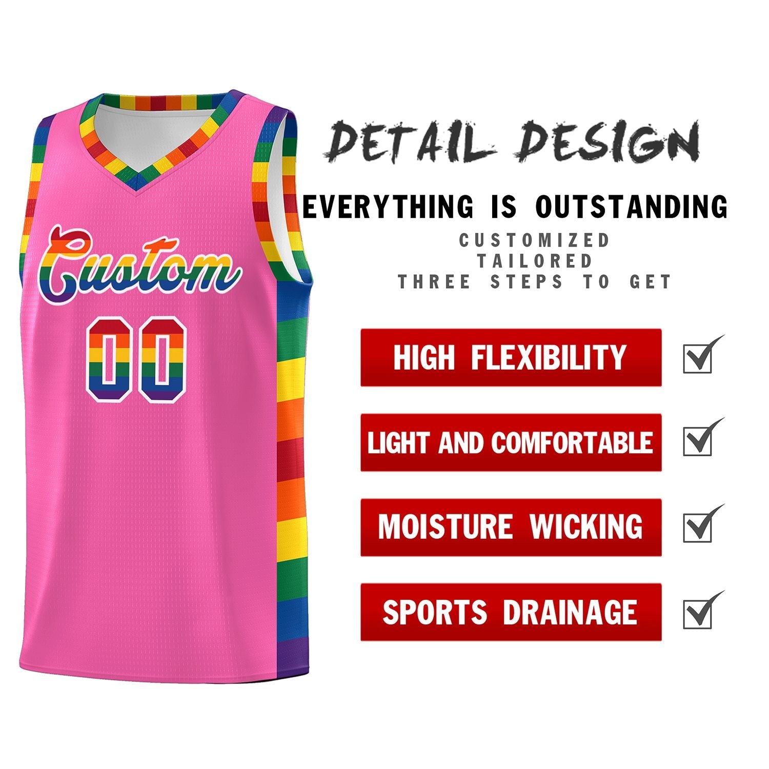 Custom Pink LGBT Rainbow For Pride Month Sports Uniform Basketball Jersey