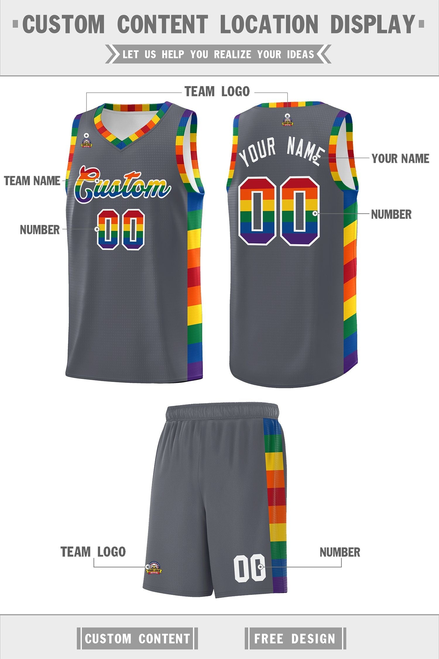 Custom Dark Gray LGBT Rainbow For Pride Month Sports Uniform Basketball Jersey