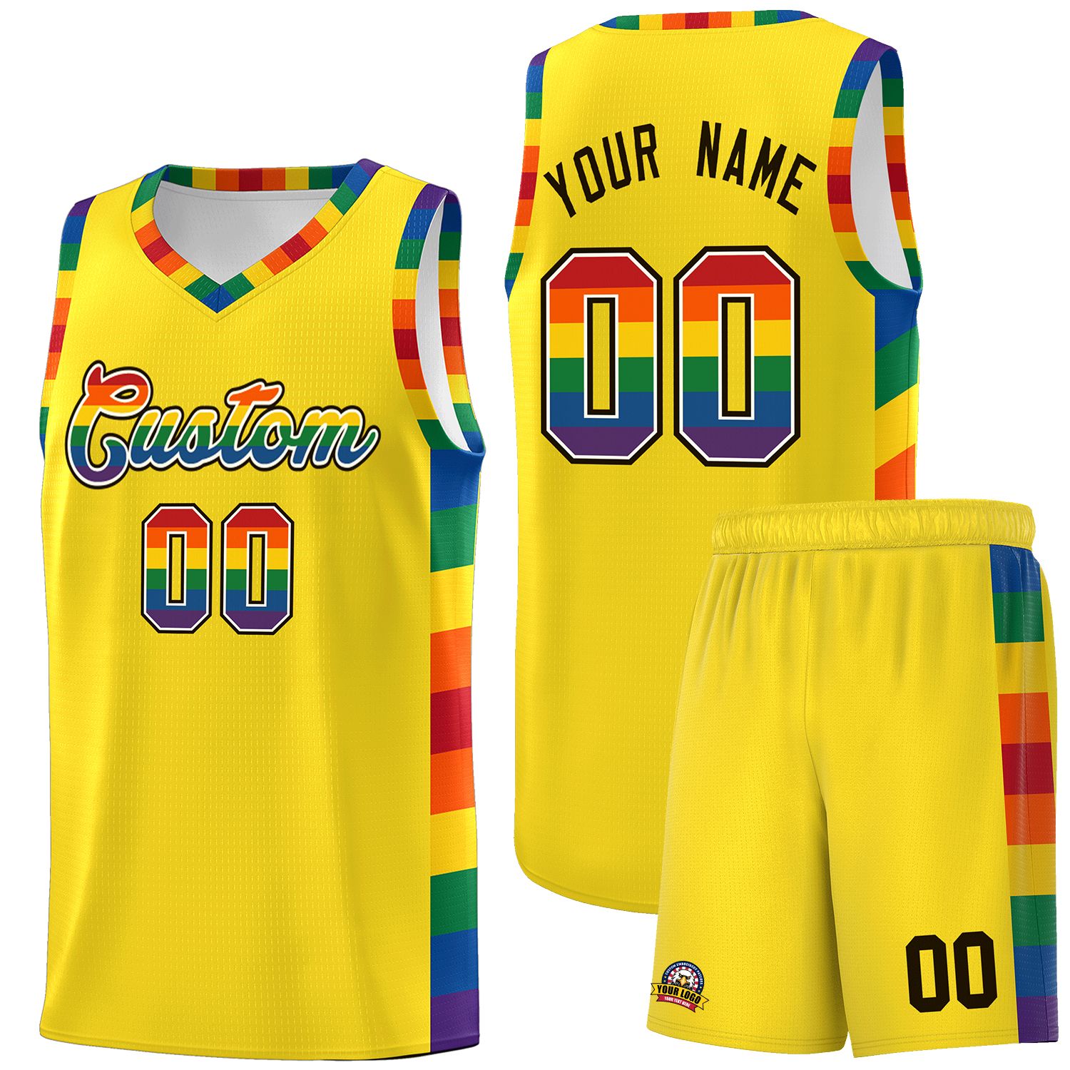 Custom Yellow LGBT Rainbow For Pride Month Sports Uniform Basketball Jersey