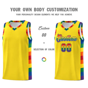 Custom Yellow LGBT Rainbow For Pride Month Sports Uniform Basketball Jersey