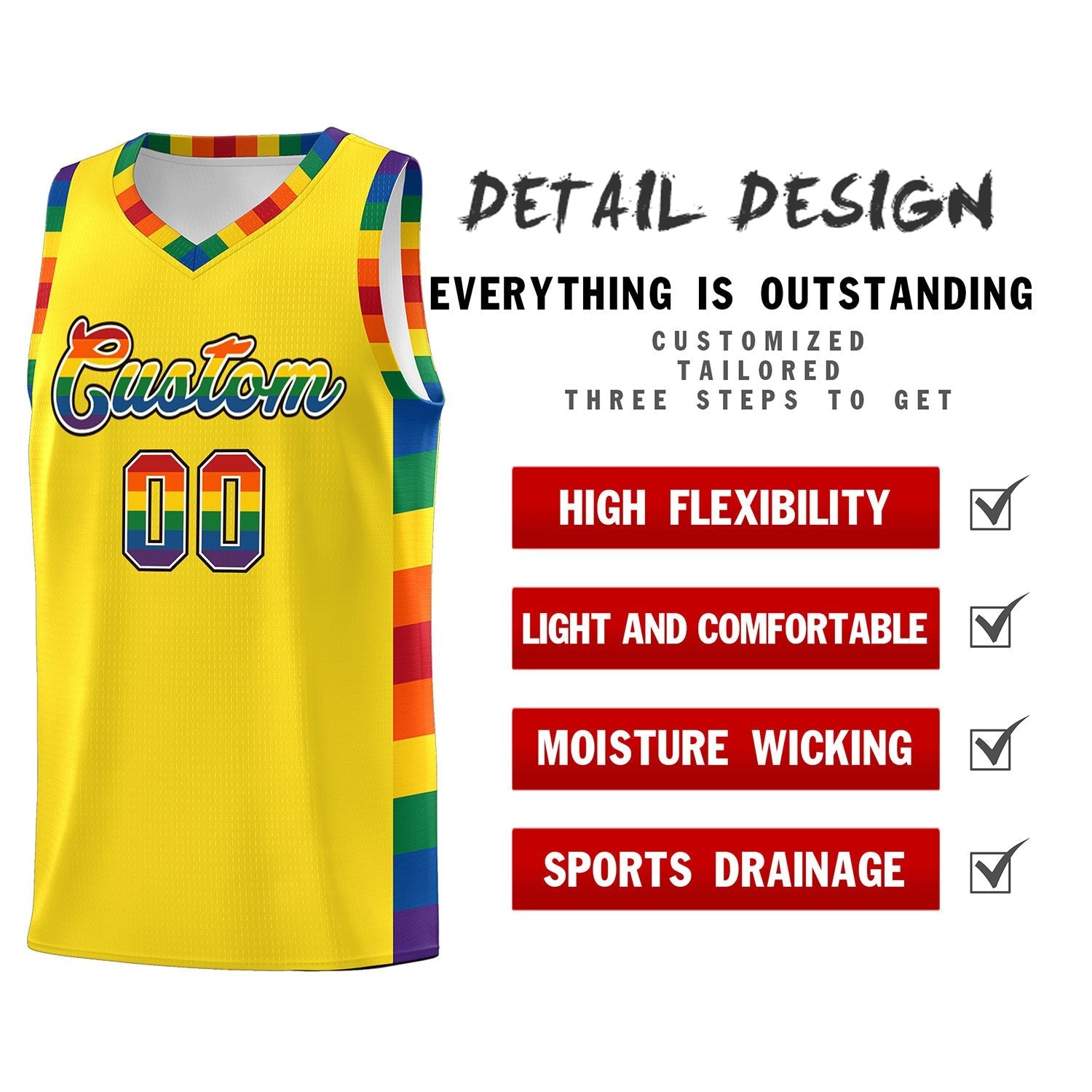 Custom Yellow LGBT Rainbow For Pride Month Sports Uniform Basketball Jersey