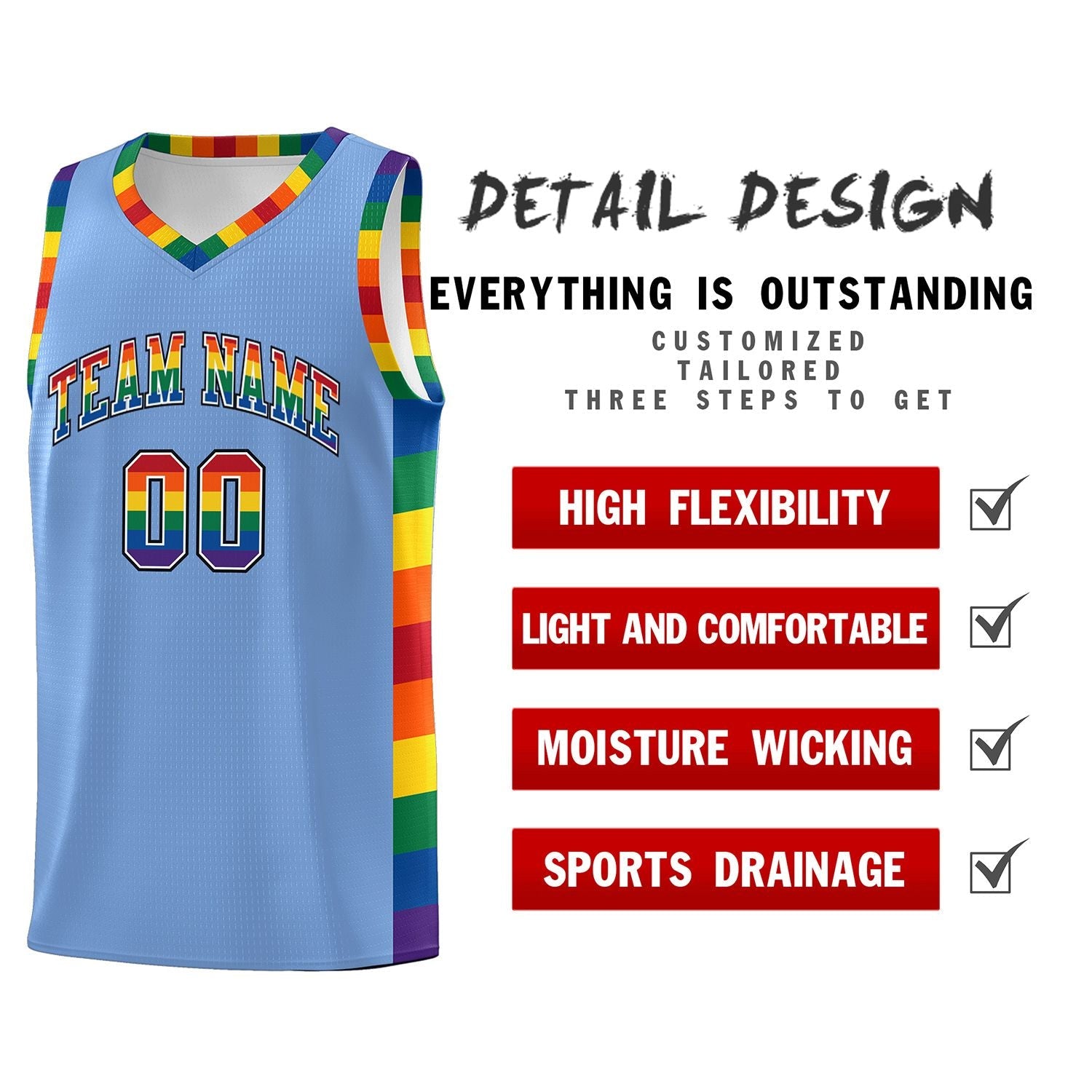 Custom Light Blue LGBT Rainbow For Pride Month Sports Uniform Basketball Jersey