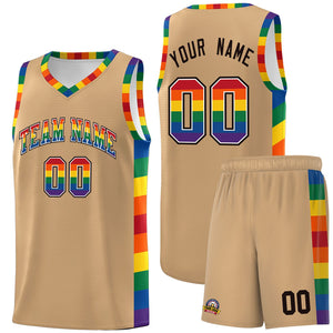 Custom Old Gold LGBT Rainbow For Pride Month Sports Uniform Basketball Jersey