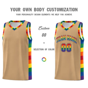 Custom Old Gold LGBT Rainbow For Pride Month Sports Uniform Basketball Jersey