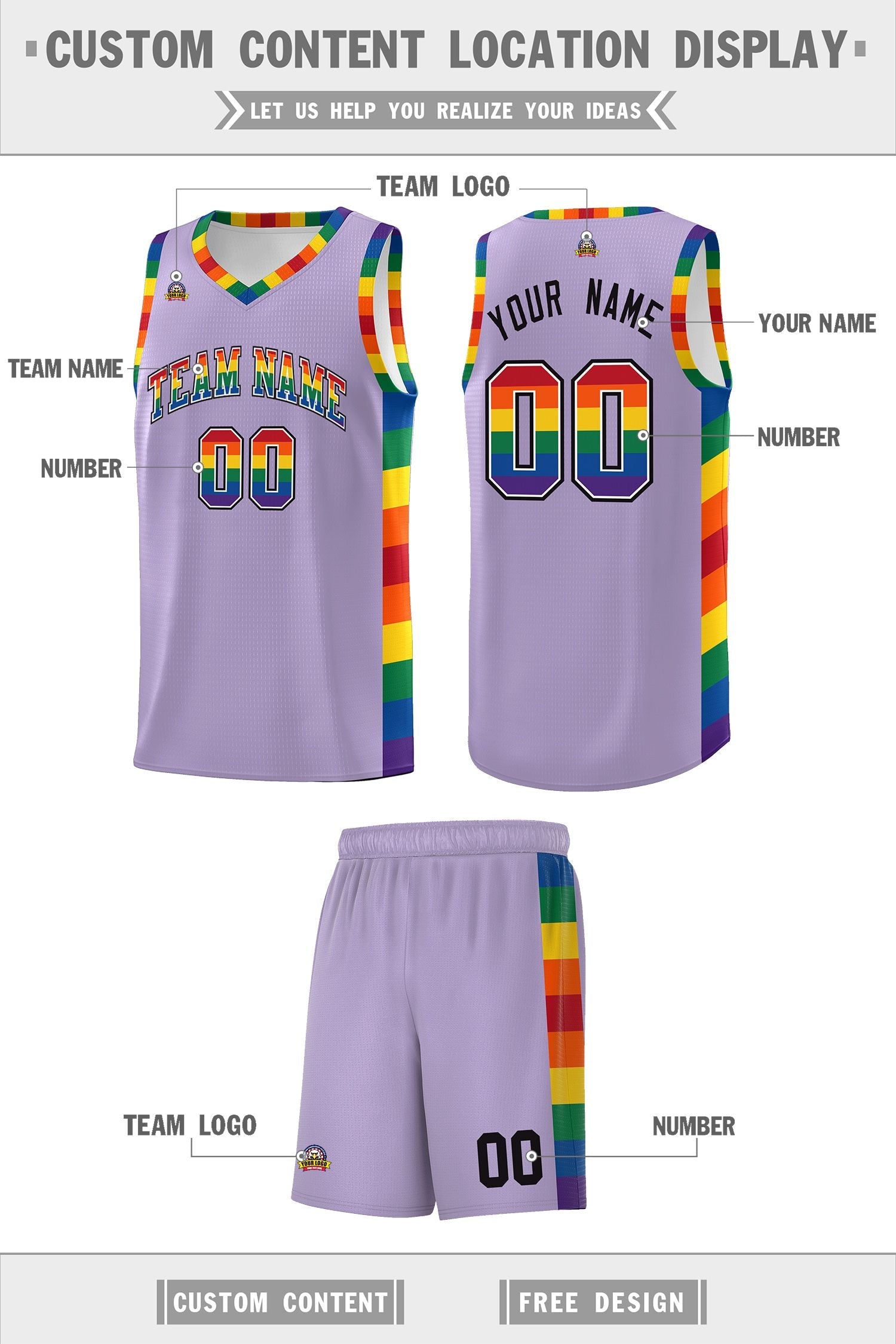 Custom Light Purple LGBT Rainbow For Pride Month Sports Uniform Basketball Jersey