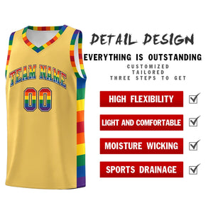 Custom Old Gold LGBT Rainbow For Pride Month Sports Uniform Basketball Jersey