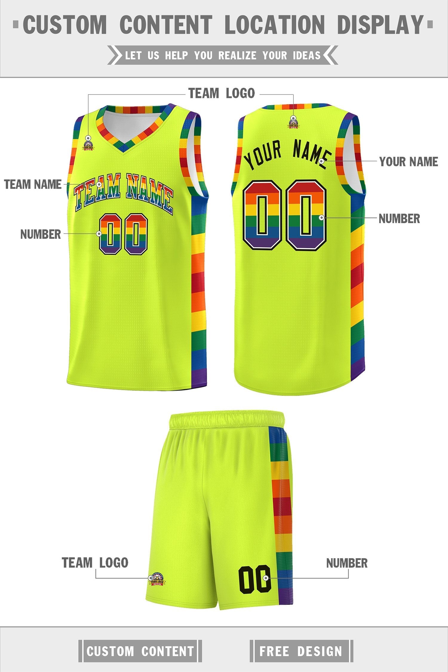 Custom Fluorescent Green LGBT Rainbow For Pride Month Sports Uniform Basketball Jersey