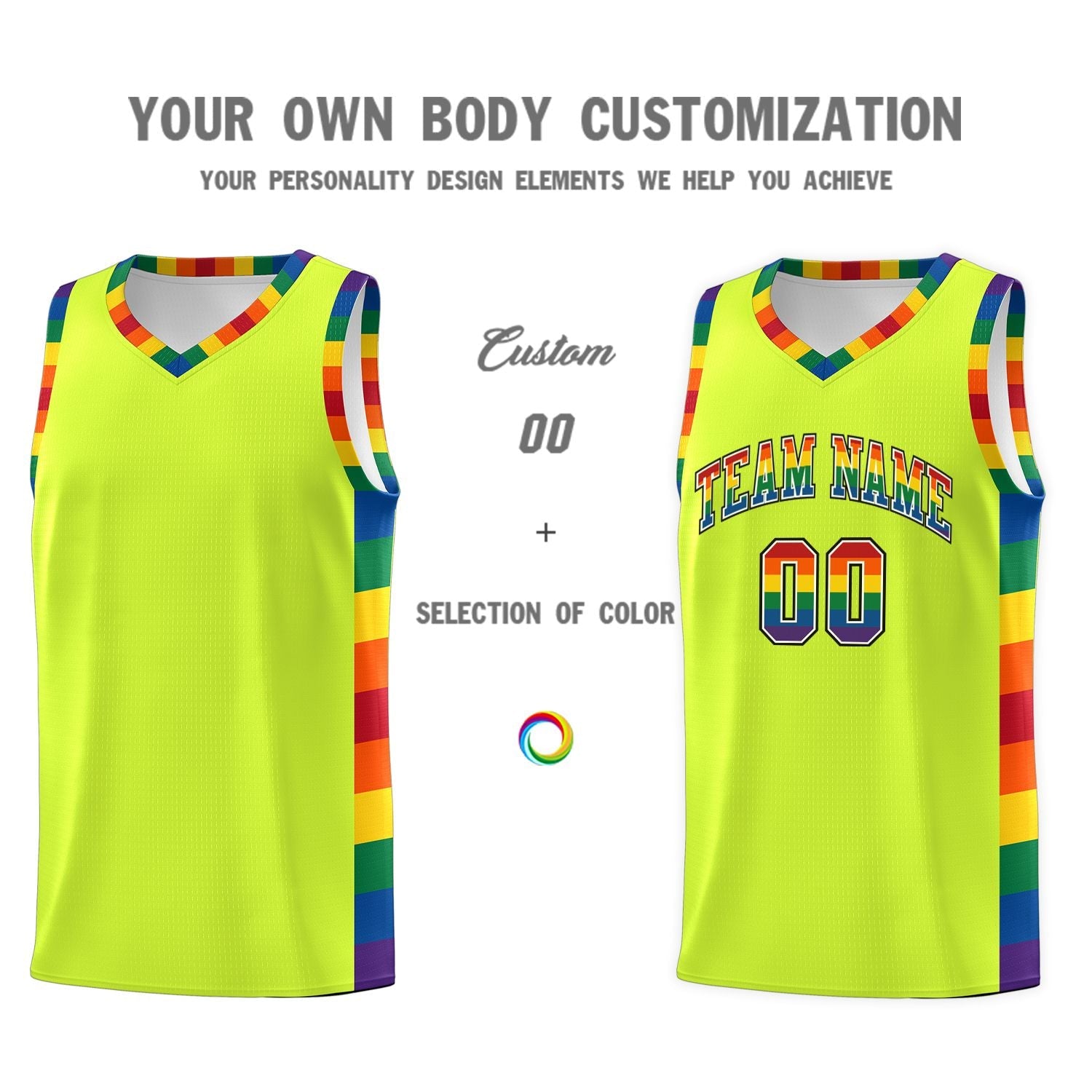 Custom Fluorescent Green LGBT Rainbow For Pride Month Sports Uniform Basketball Jersey