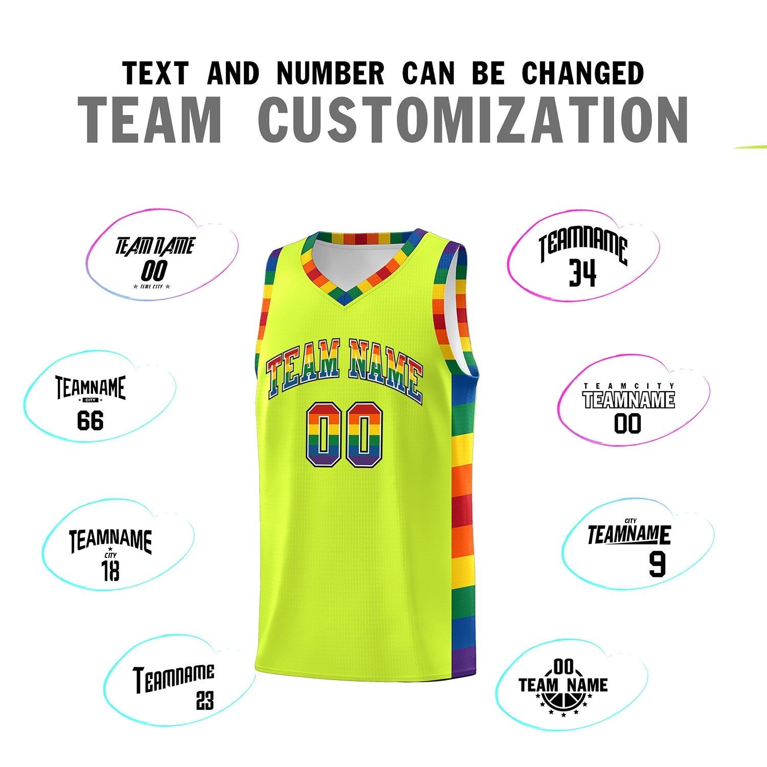 Custom Fluorescent Green LGBT Rainbow For Pride Month Sports Uniform Basketball Jersey