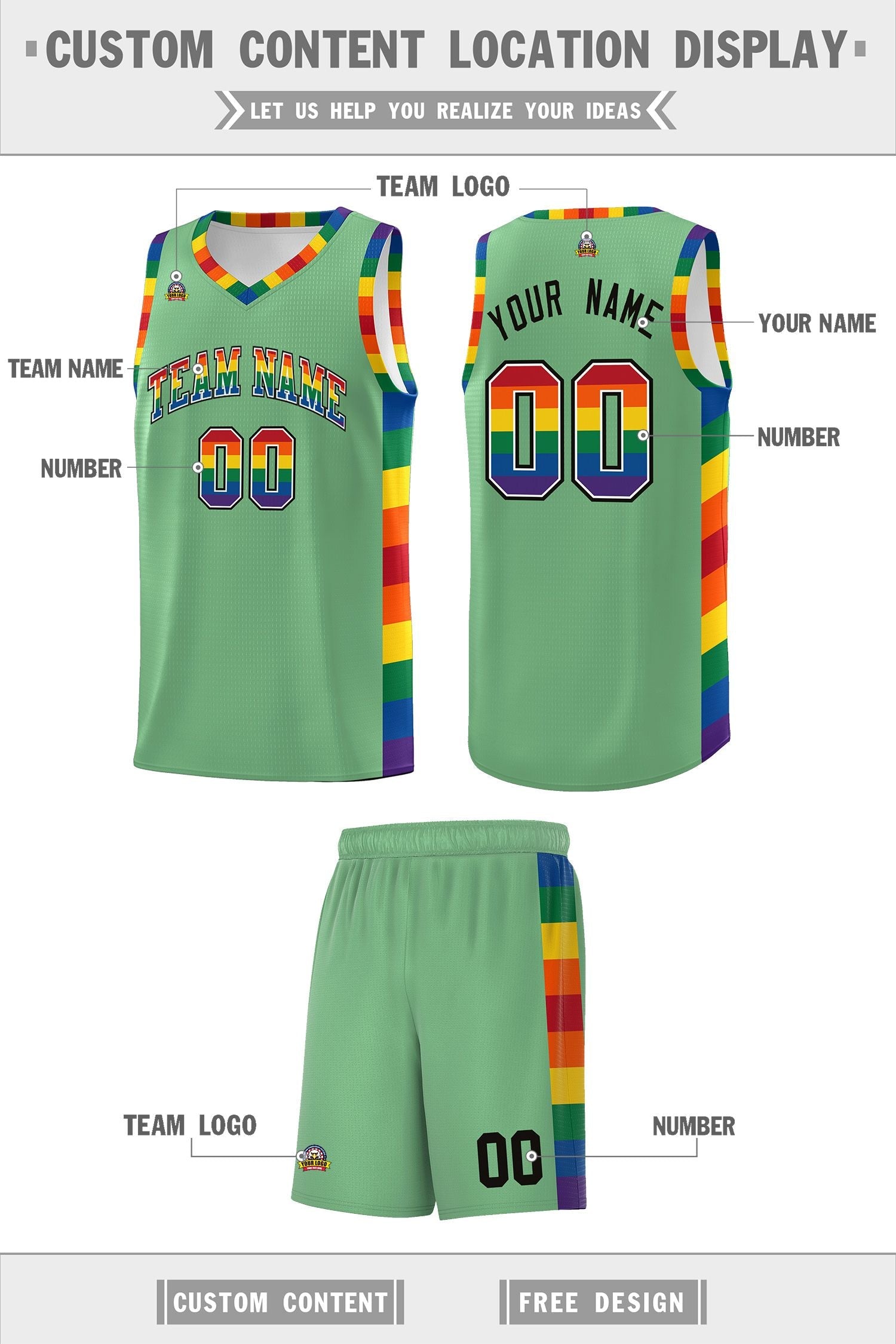 Custom Green LGBT Rainbow For Pride Month Sports Uniform Basketball Jersey