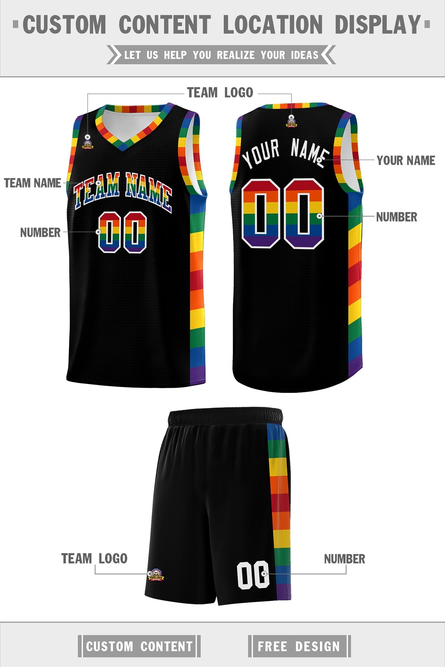 Custom Black LGBT Rainbow For Pride Month Sports Uniform Basketball Jersey