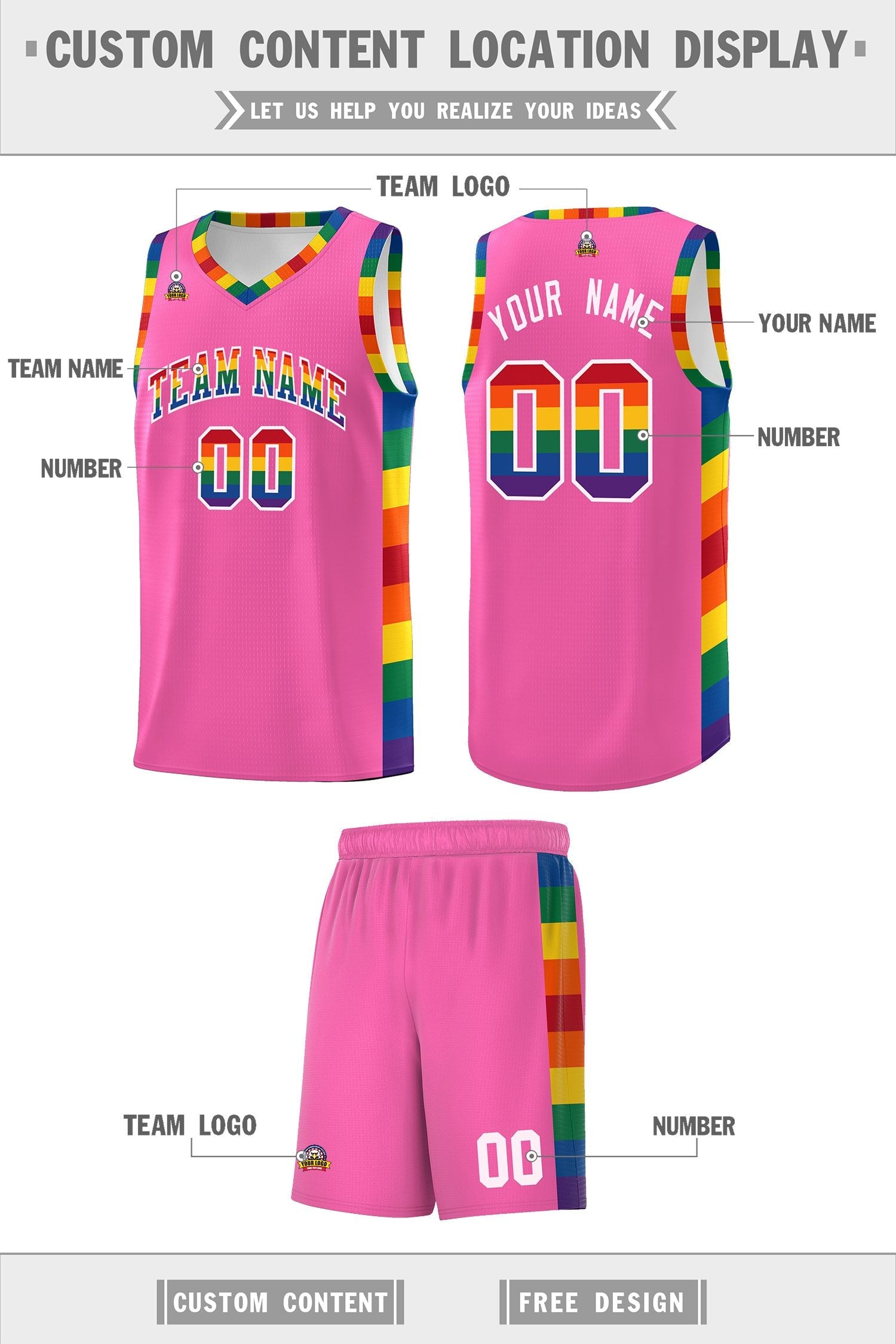 Custom Pink LGBT Rainbow For Pride Month Sports Uniform Basketball Jersey