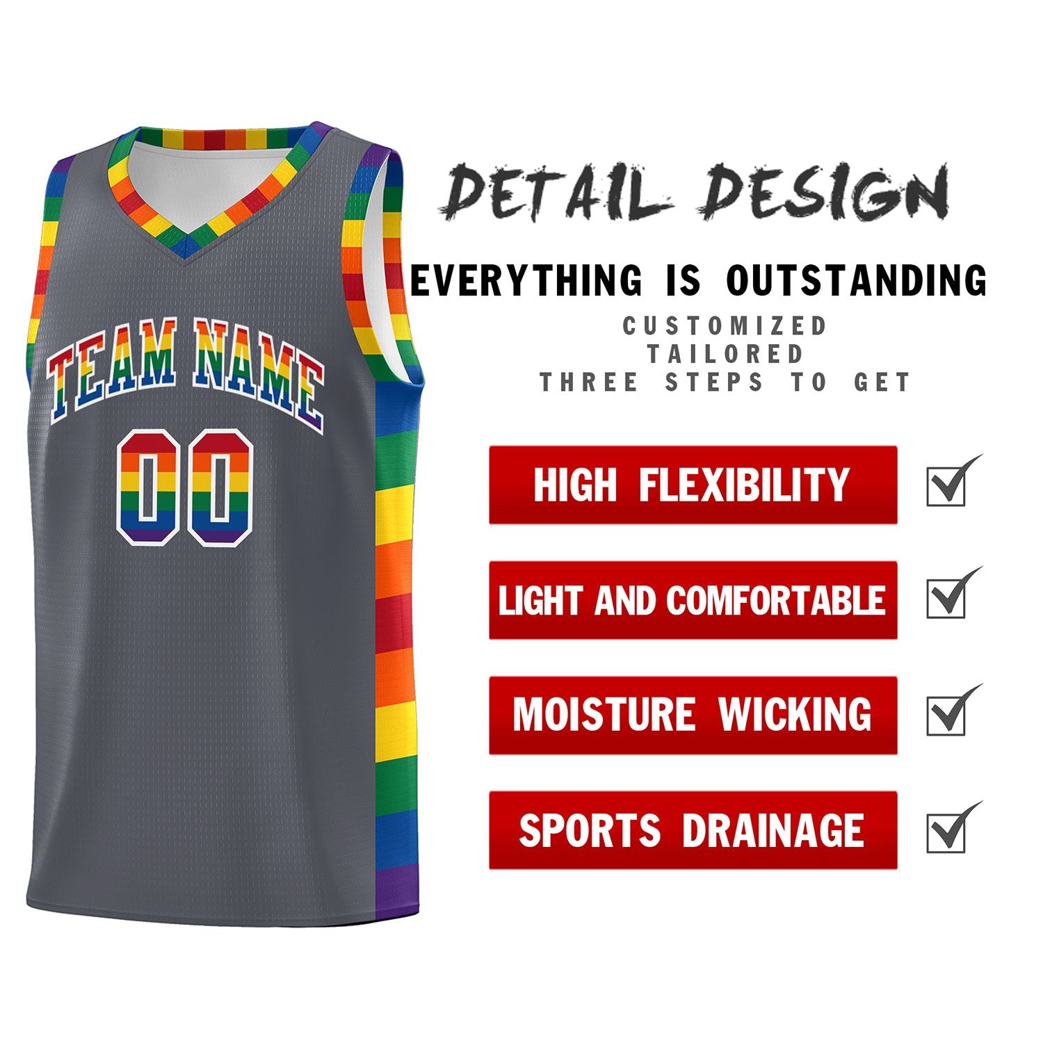 Custom Dark Gray LGBT Rainbow For Pride Month Sports Uniform Basketball Jersey