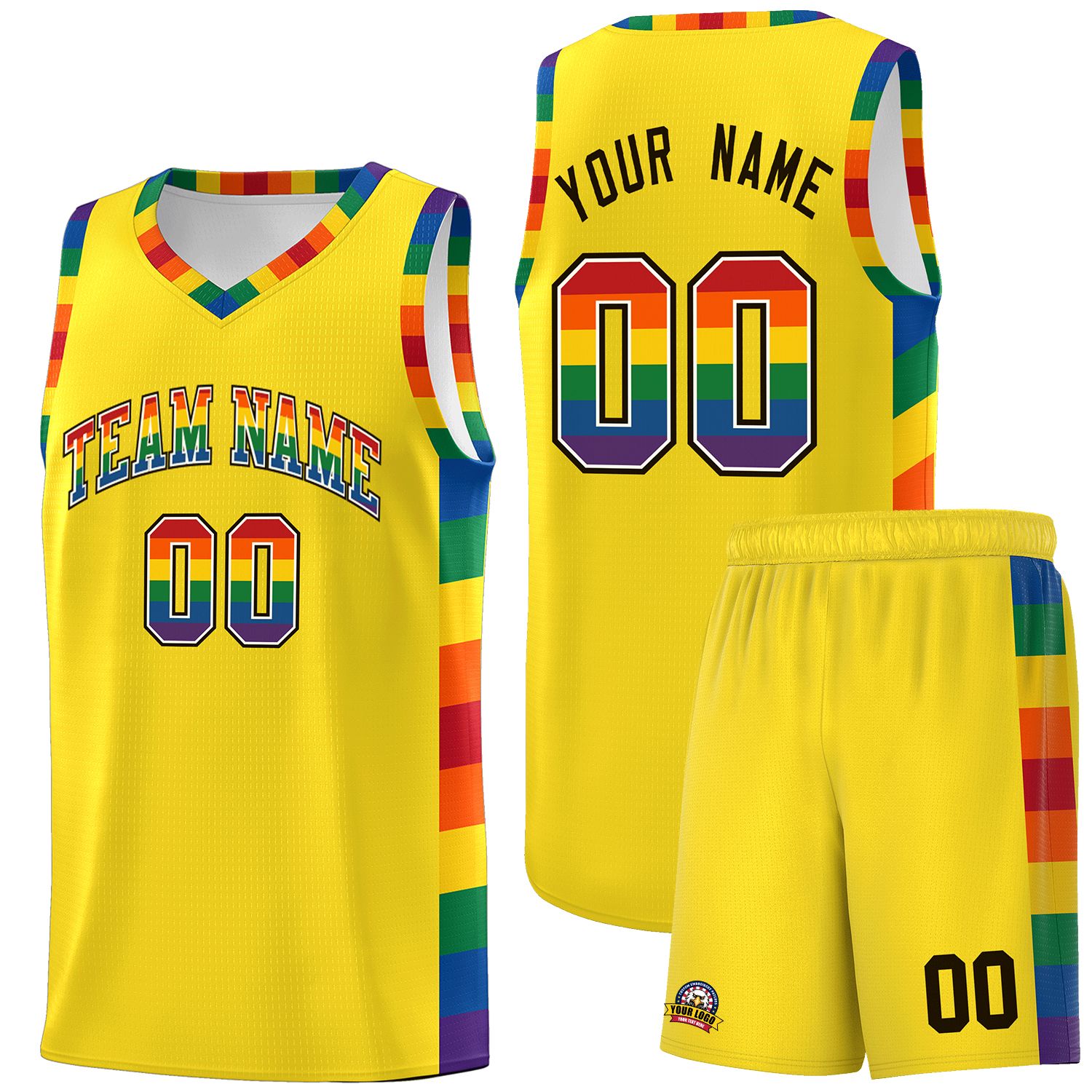 Custom Yellow LGBT Rainbow For Pride Month Sports Uniform Basketball Jersey