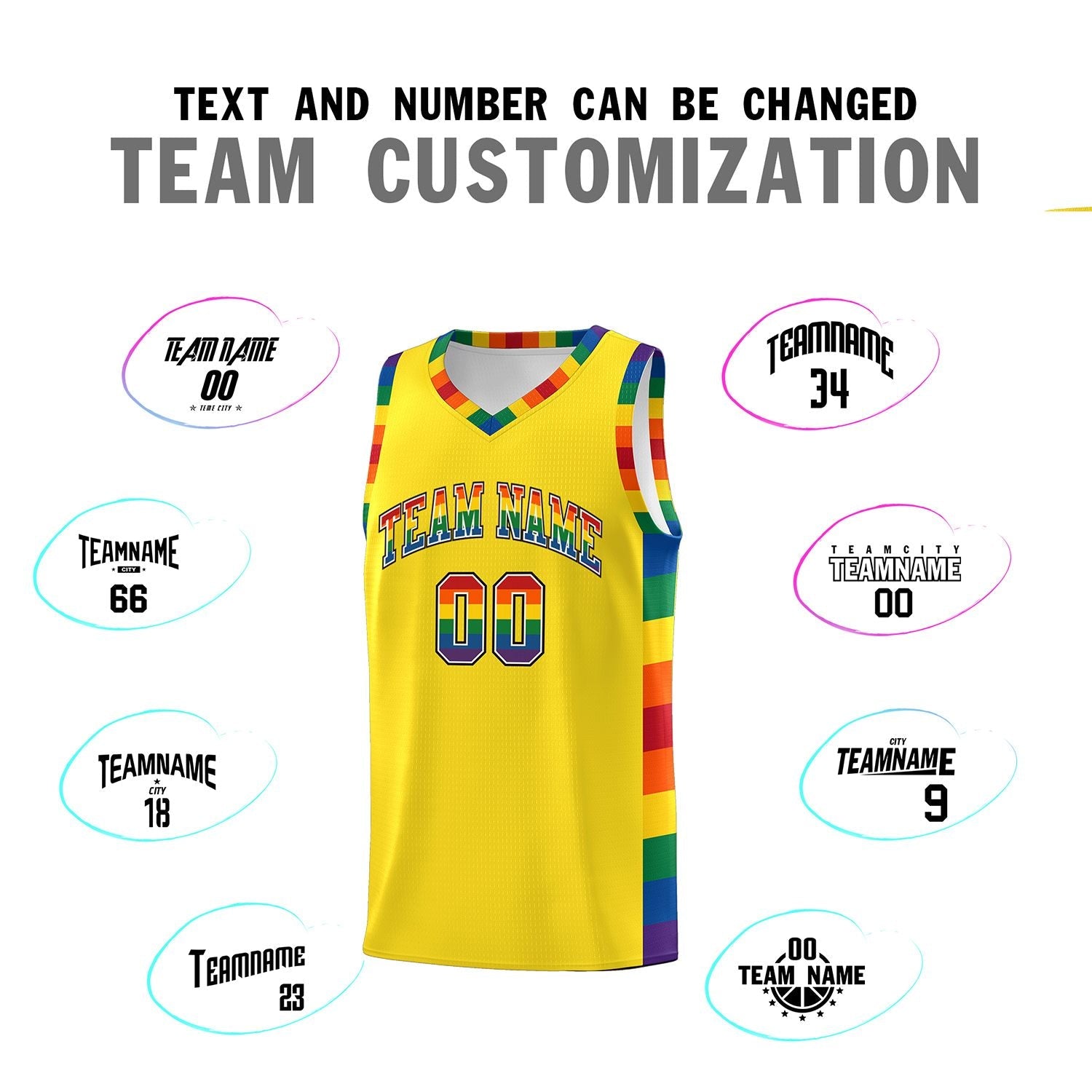 Custom Yellow LGBT Rainbow For Pride Month Sports Uniform Basketball Jersey