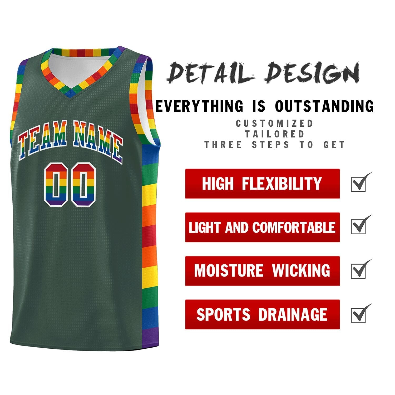 Custom Hunter Green LGBT Rainbow For Pride Month Sports Uniform Basketball Jersey