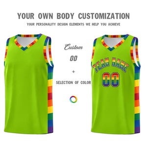 Custom Neon Green LGBT Rainbow For Pride Month Sports Uniform Basketball Jersey